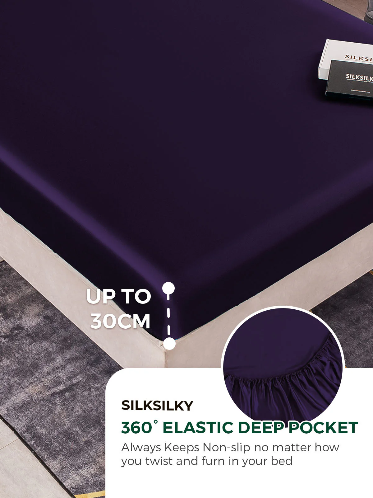 22Momme Silk 4Pcs Set Fitted&Flat Sheets+2x Pillowcases - Image 77