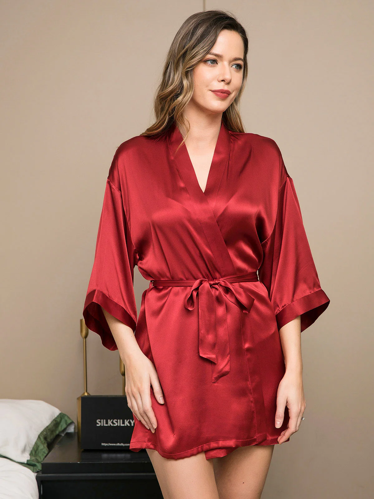 Pure Silk 3/4 Sleeve Short Women's Kimono Dressing Gown with Wrap Design - Image 47