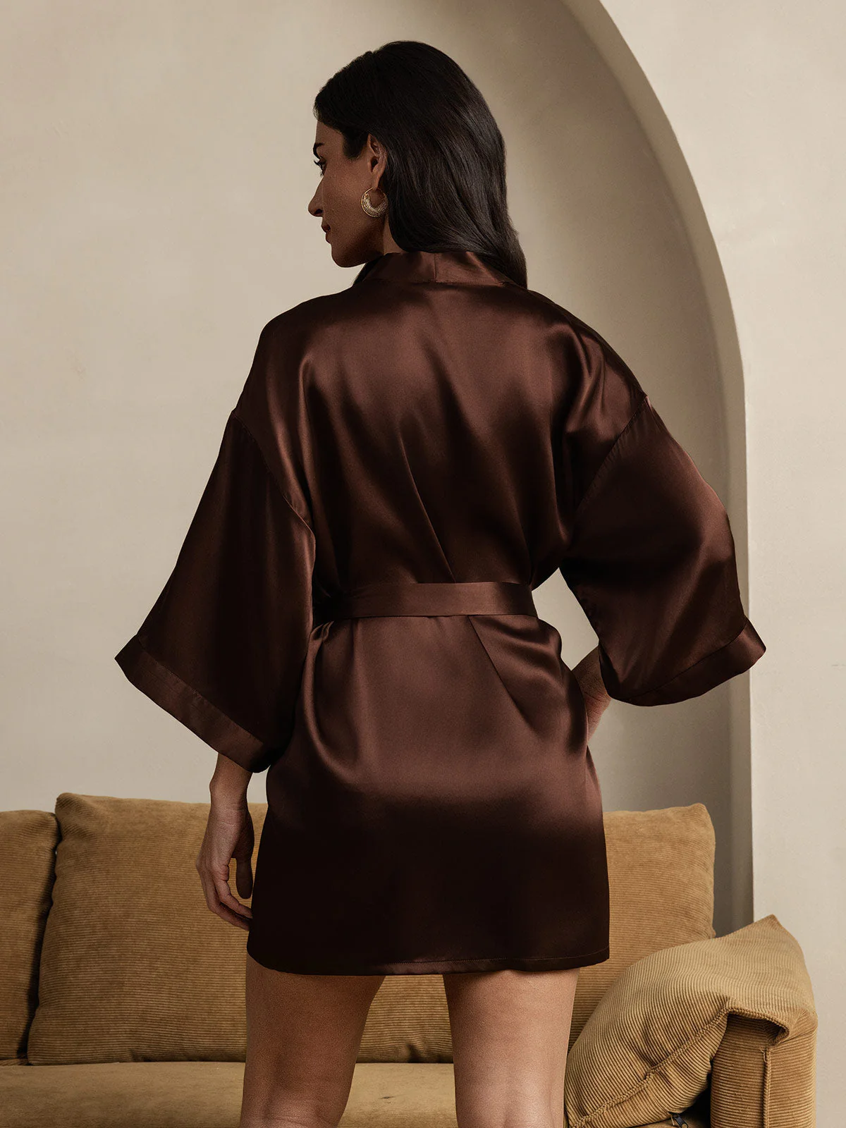 Pure Silk Short Women's Kimono Dressing Gown with Wrap Design - Image 13