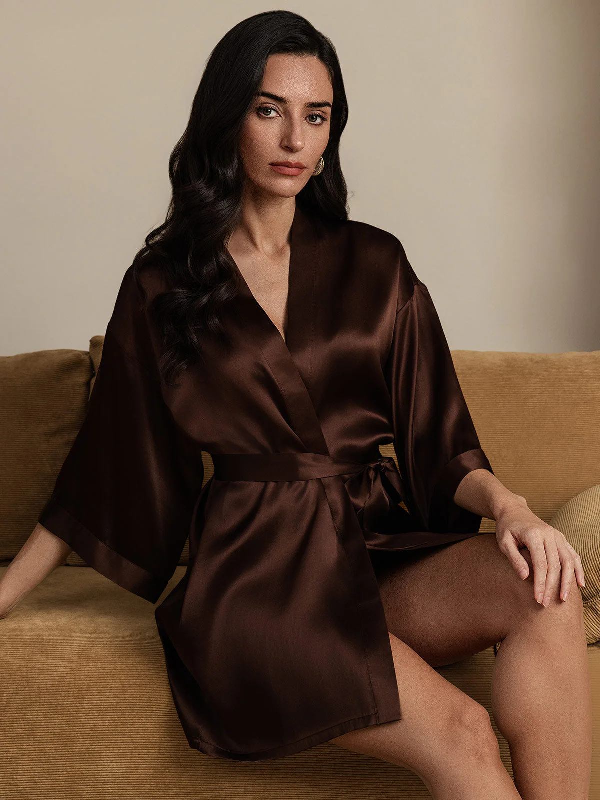 Pure Silk Short Women's Kimono Dressing Gown with Wrap Design - Image 14