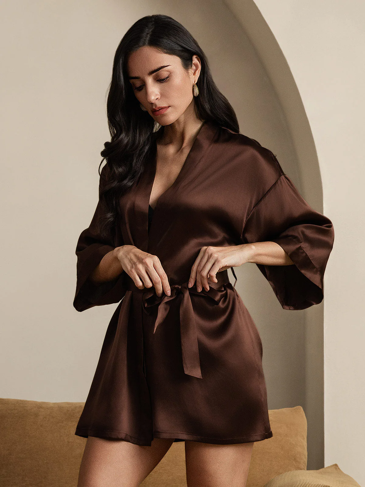 Pure Silk Short Women's Kimono Dressing Gown with Wrap Design - Image 16