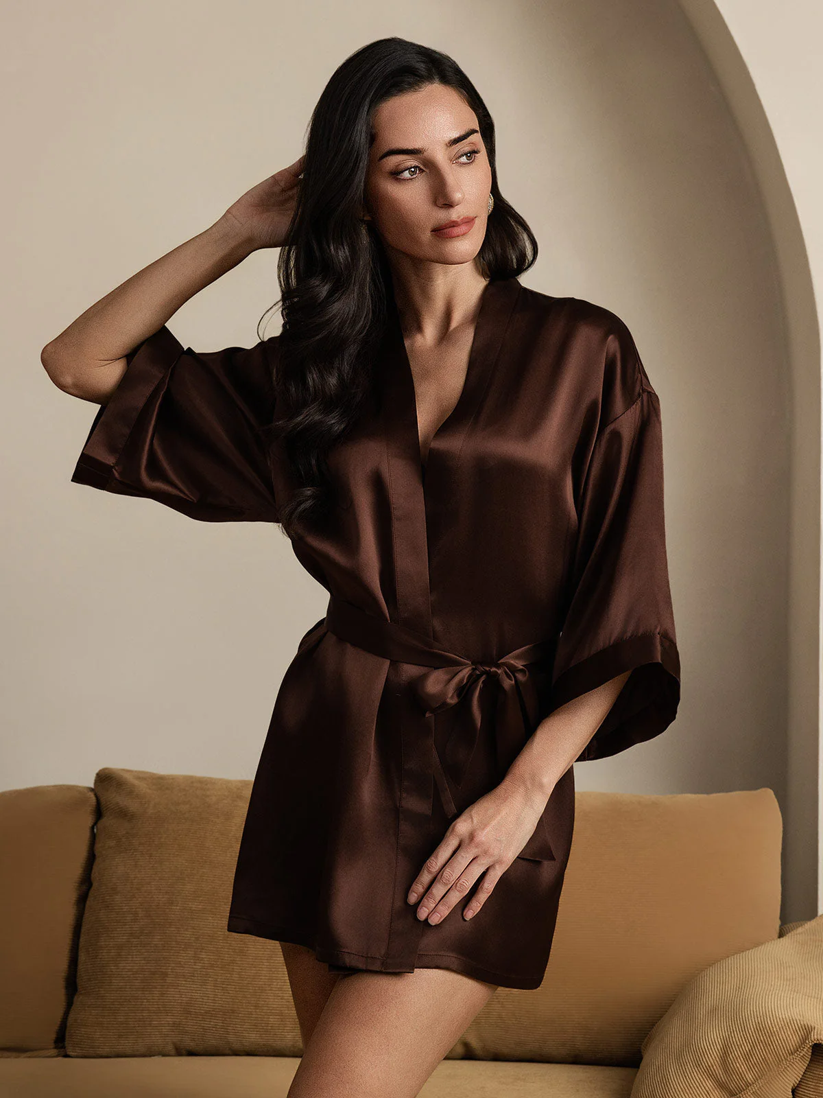 Pure Silk Short Women's Kimono Dressing Gown with Wrap Design - Image 17
