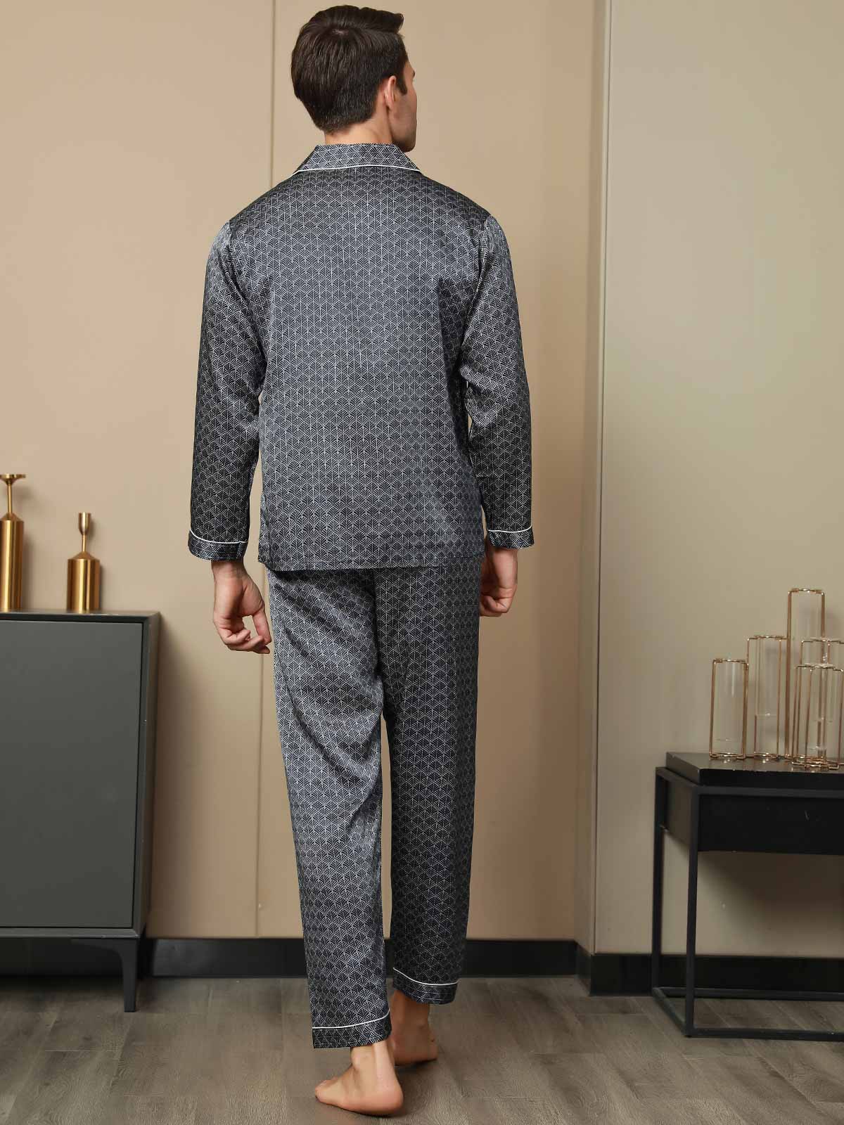 Pure Silk Navy Ginkgo Print Long Sleeve Men's Pyjamas Set With Pants - Image 10