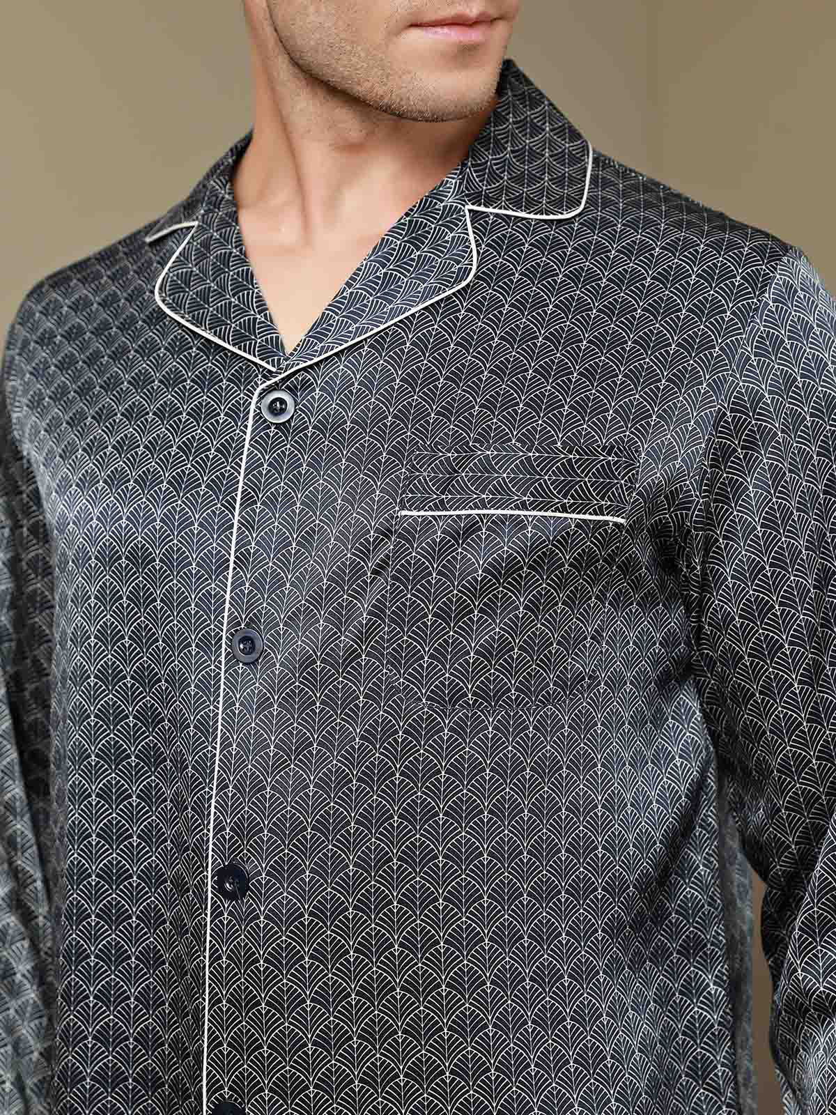 Pure Silk Navy Ginkgo Print Long Sleeve Men's Pyjamas Set With Pants - Image 17