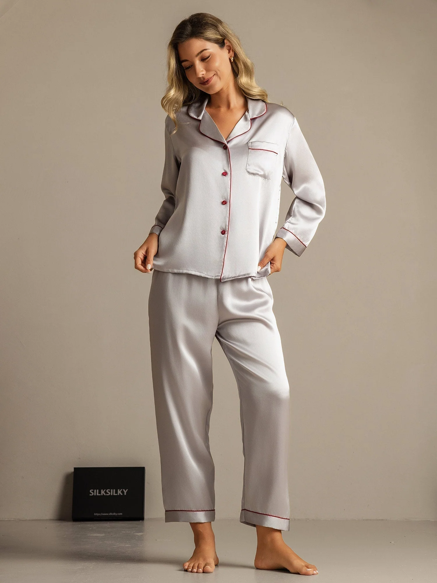 Women's Pure Silk Long Sleeve Notch Collar Pyjamas Set - Image 55