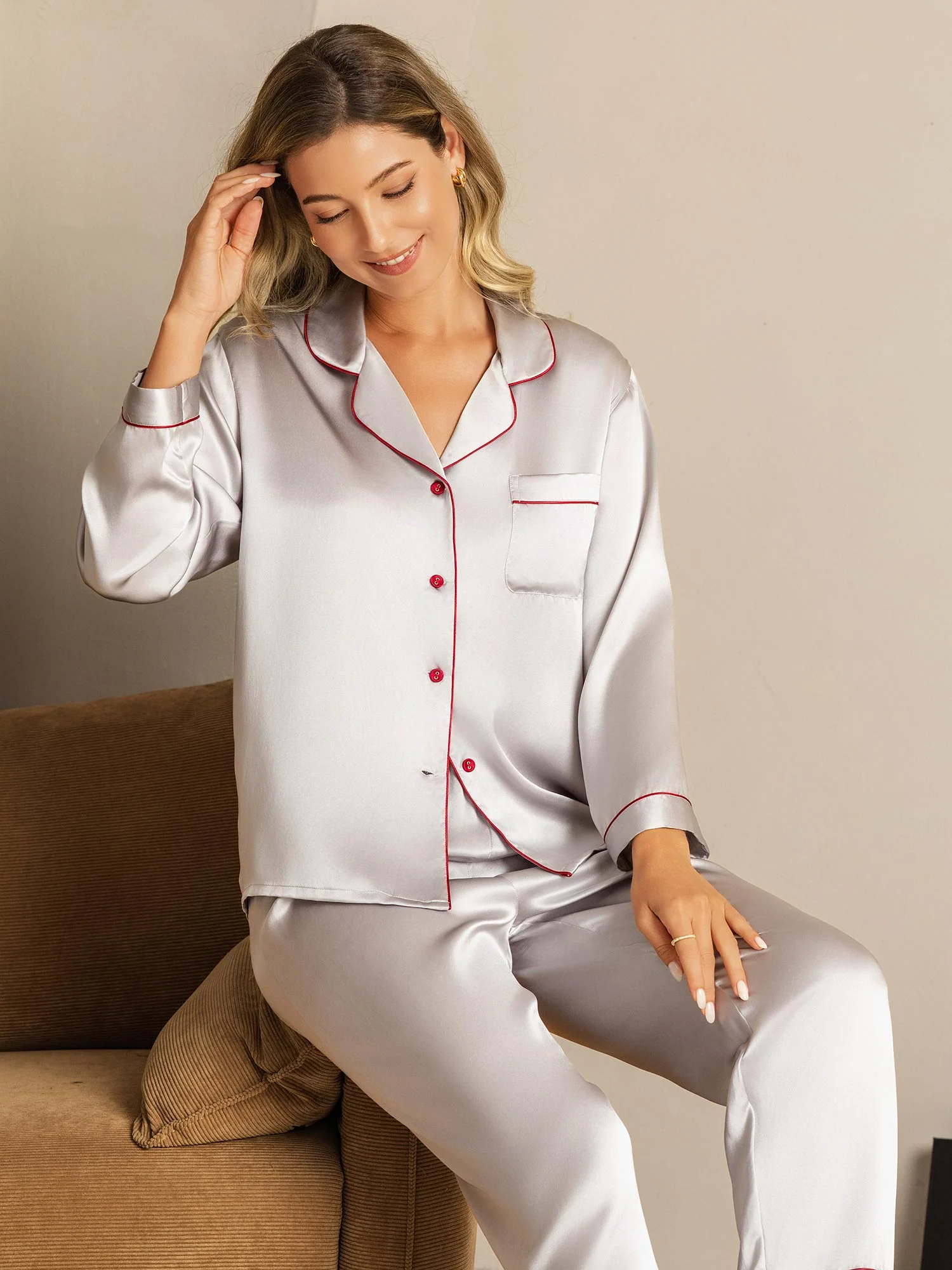 Women's Pure Silk Long Sleeve Notch Collar Pyjamas Set - Image 56