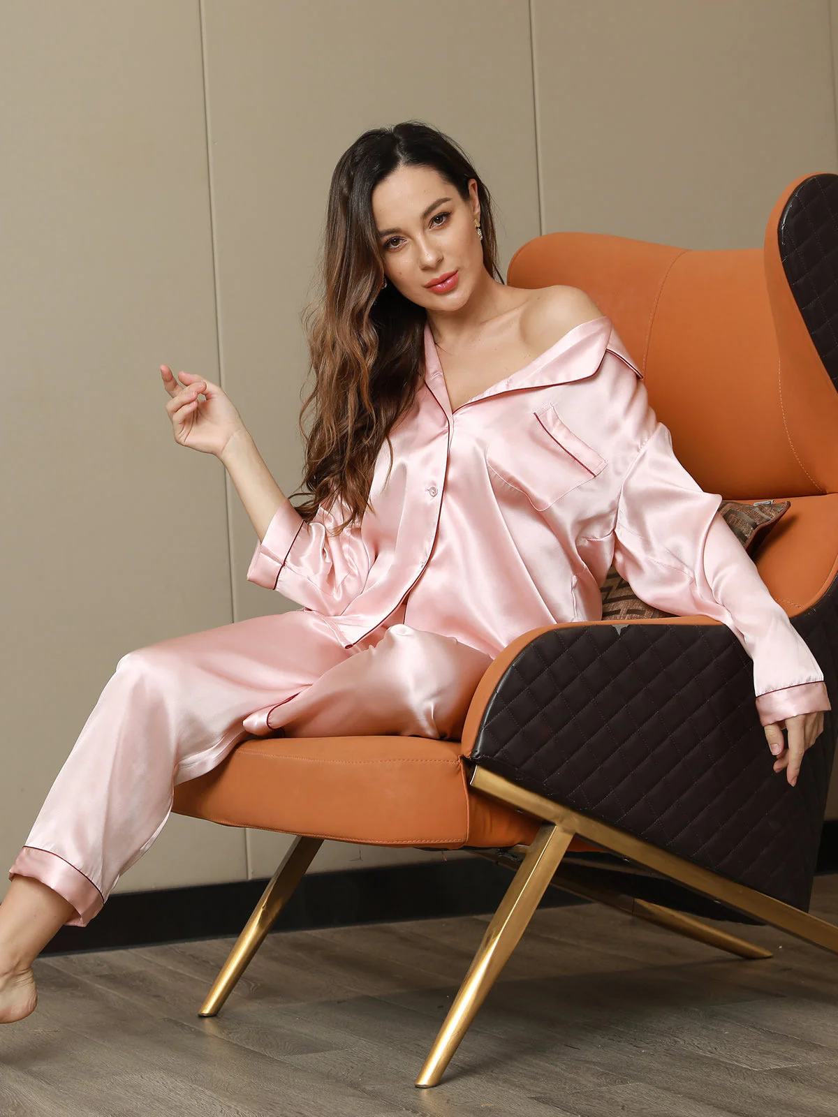 Women's Pure Silk Long Sleeve Notch Collar Pyjamas Set - Image 66