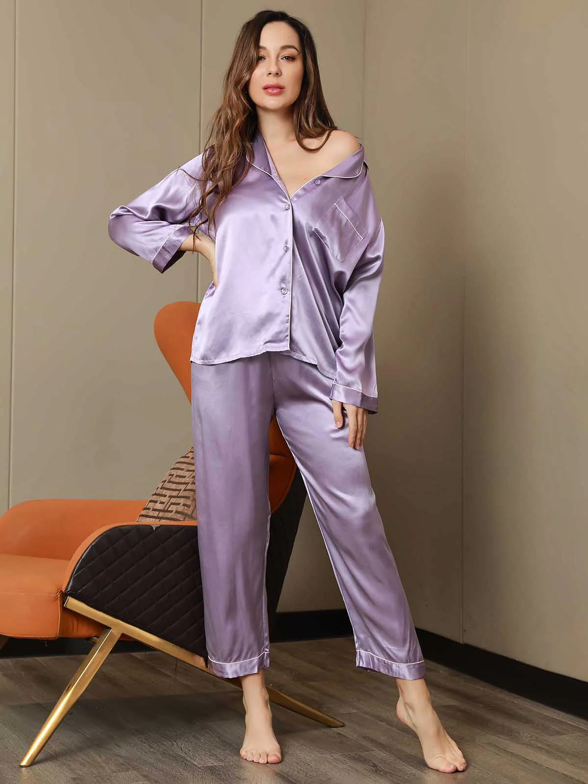 Women's Pure Silk Long Sleeve Notch Collar Pyjamas Set - Image 77