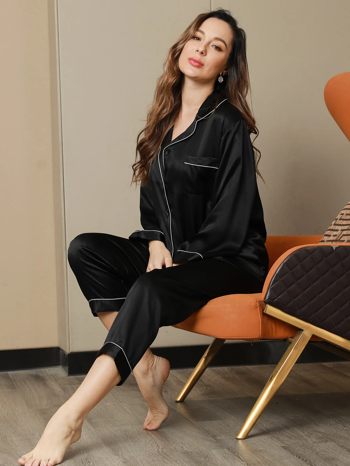 Women's Pure Silk Long Sleeve Notch Collar Pyjamas Set - Image 80