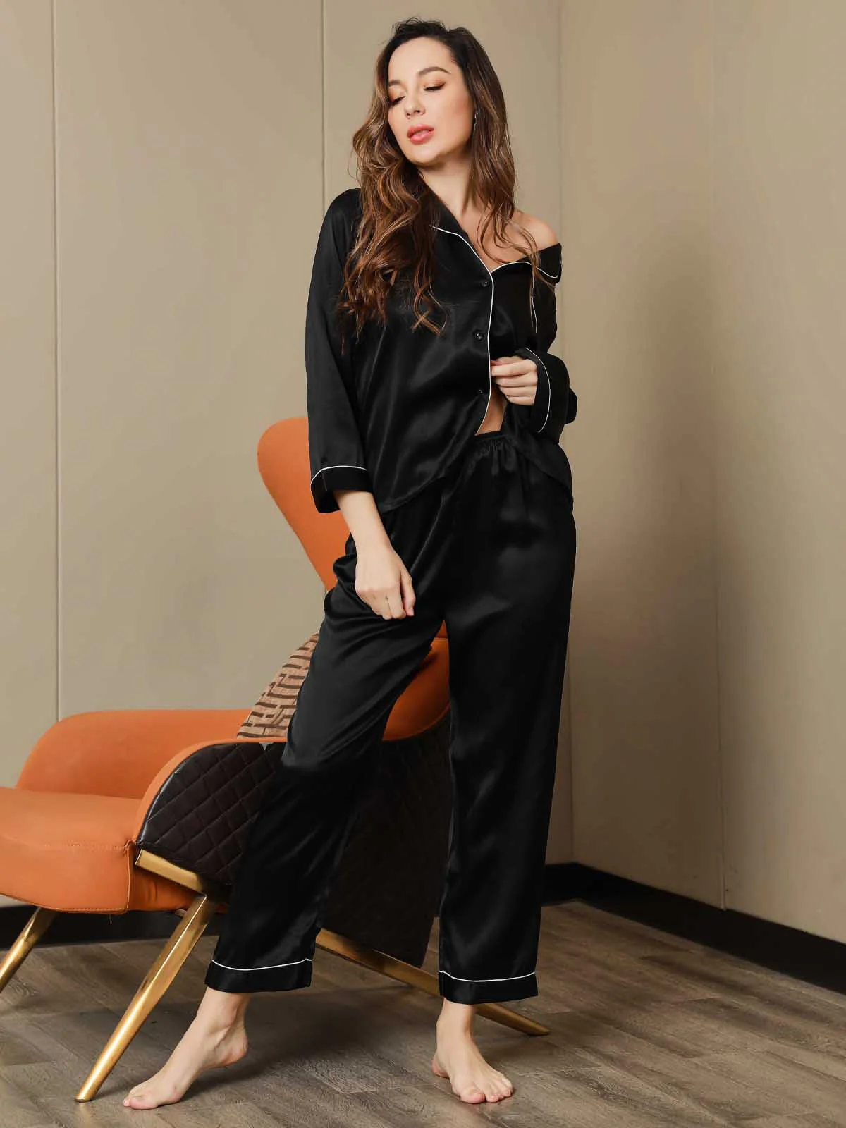 Women's Pure Silk Long Sleeve Notch Collar Pyjamas Set - Image 85