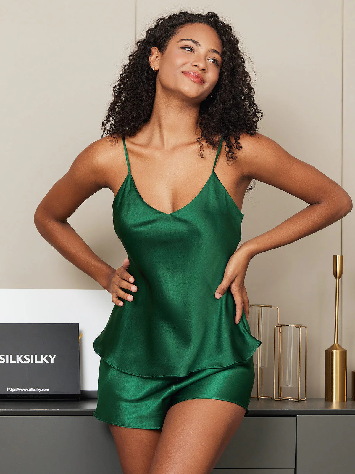 Pure Silk Spaghetti Strap V Neck Above the Knee Camisole Set - Image 25