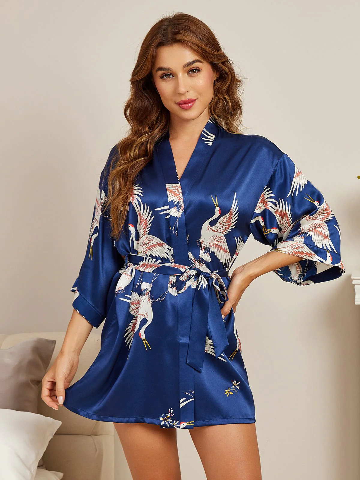 19Momme Women's Pure Silk Crane Print 3/4 Sleeve Short Kimono Robe - Image 15