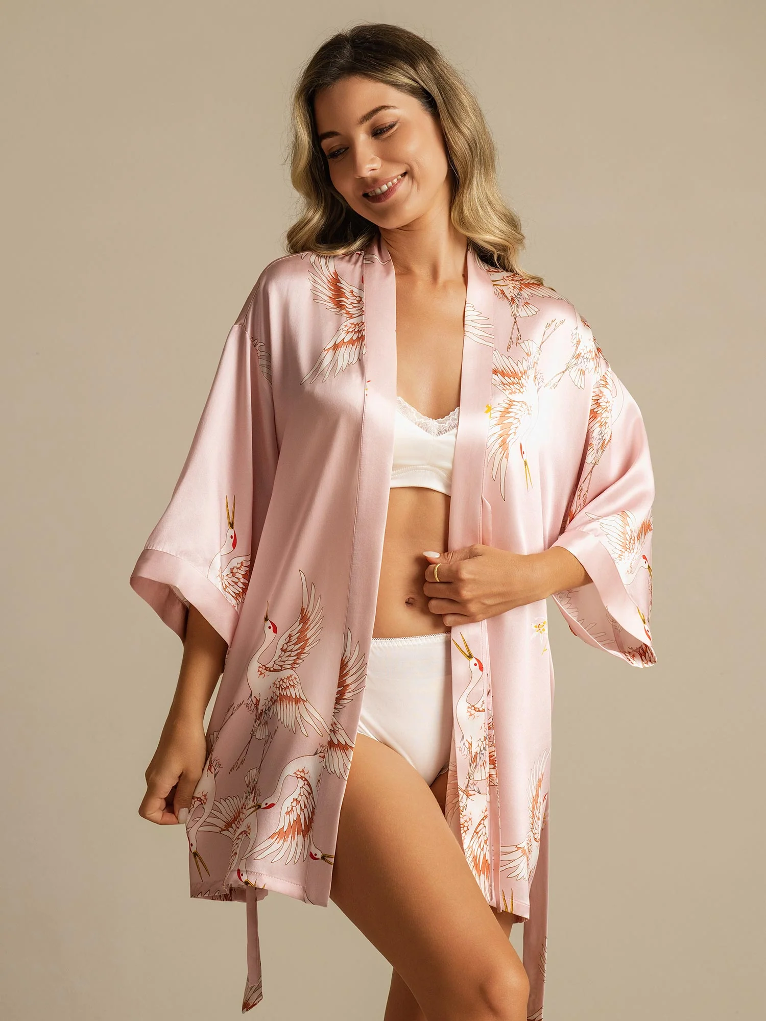 19Momme Women's Pure Silk Crane Print 3/4 Sleeve Short Kimono Robe - Image 7