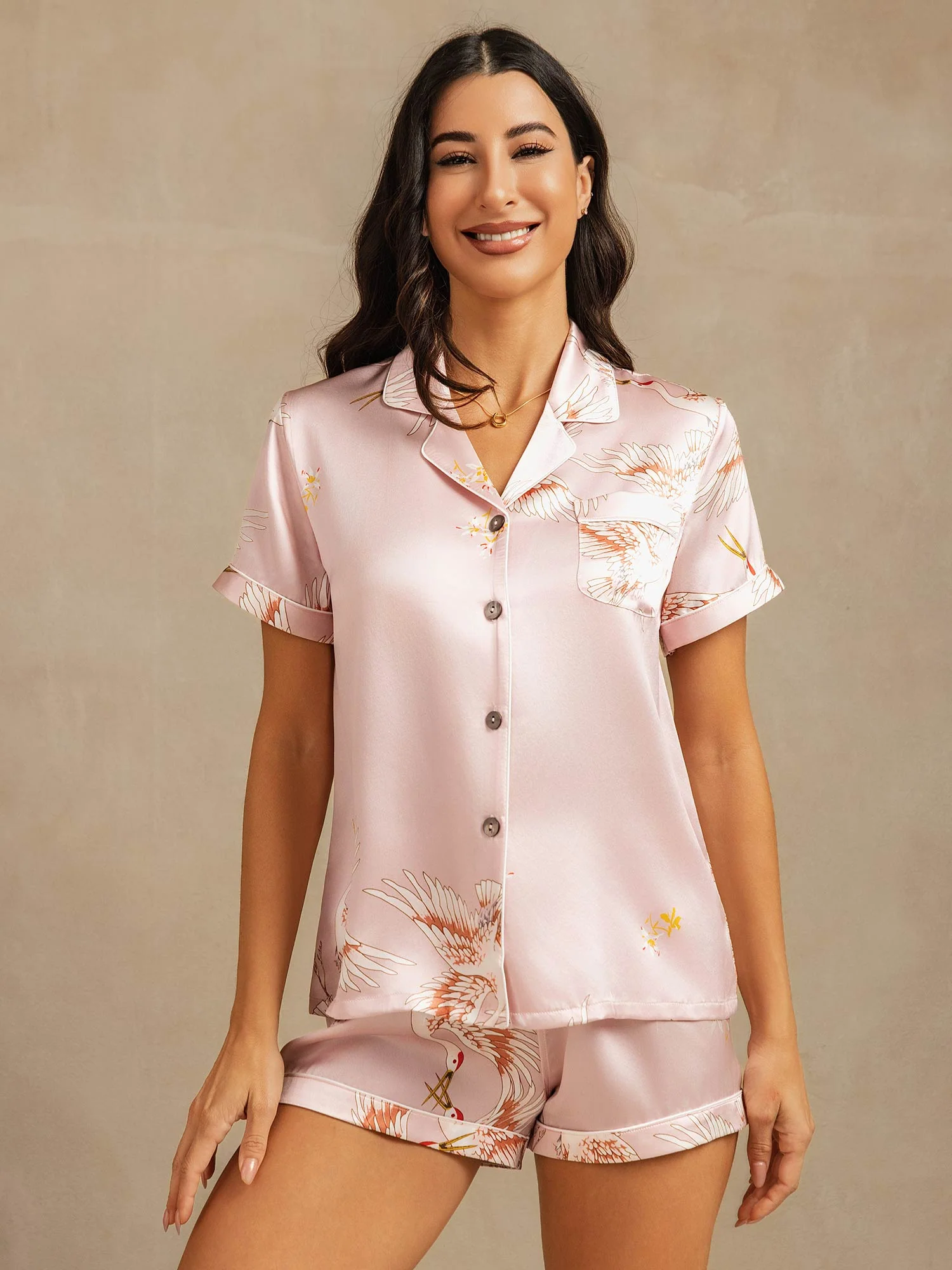 19Momme Women's Pure Silk Crane Print Short Sleeve Pyjamas Set - Image 9