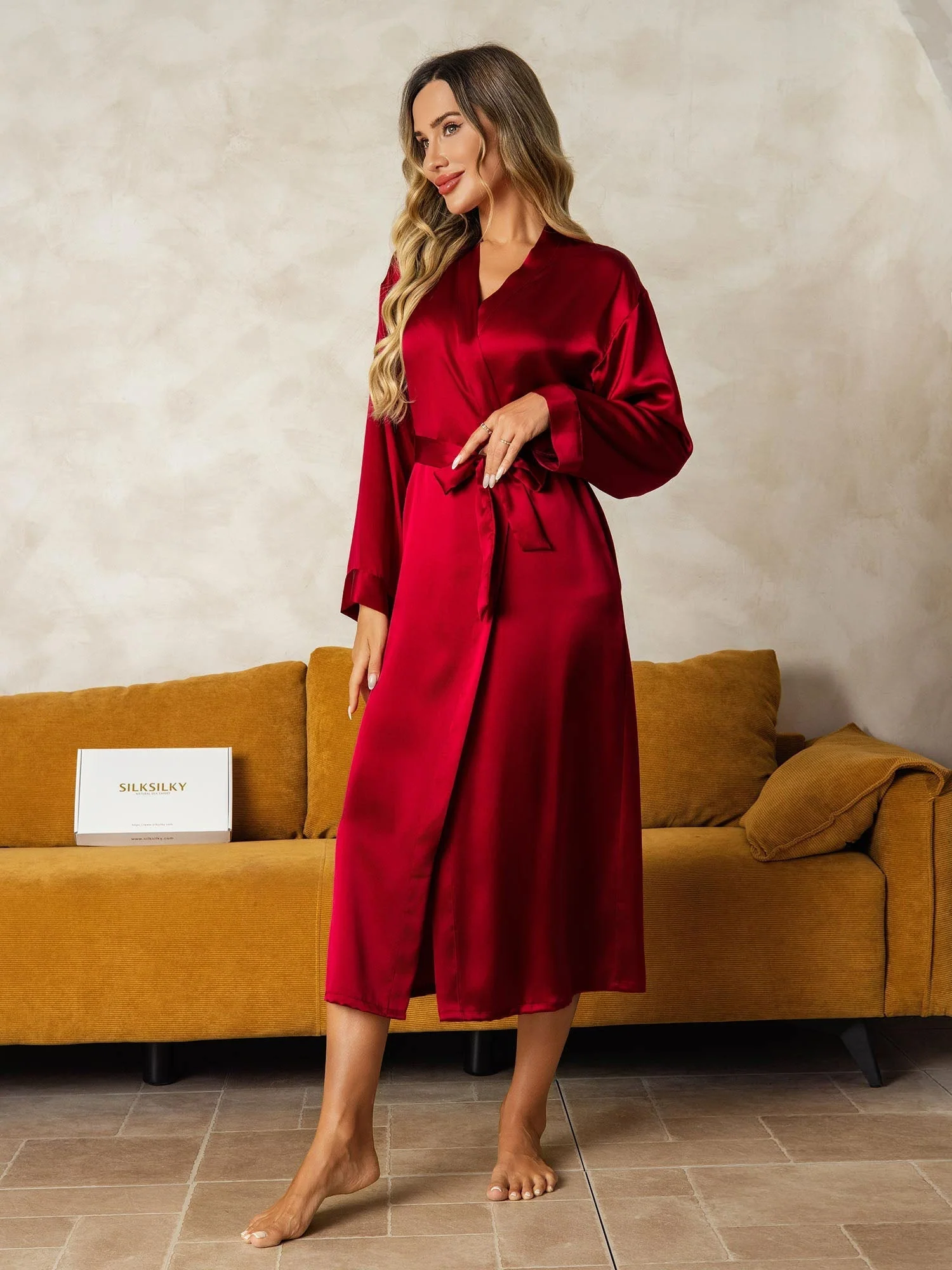 Pure Silk Long Sleeve Midi Women's Dressing Gown - Image 4