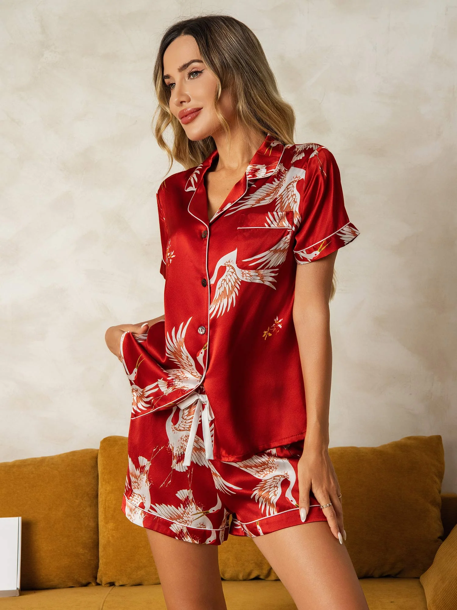 19Momme Women's Pure Silk Crane Print Short Sleeve Notch Collar Pyjamas Set - Image 21