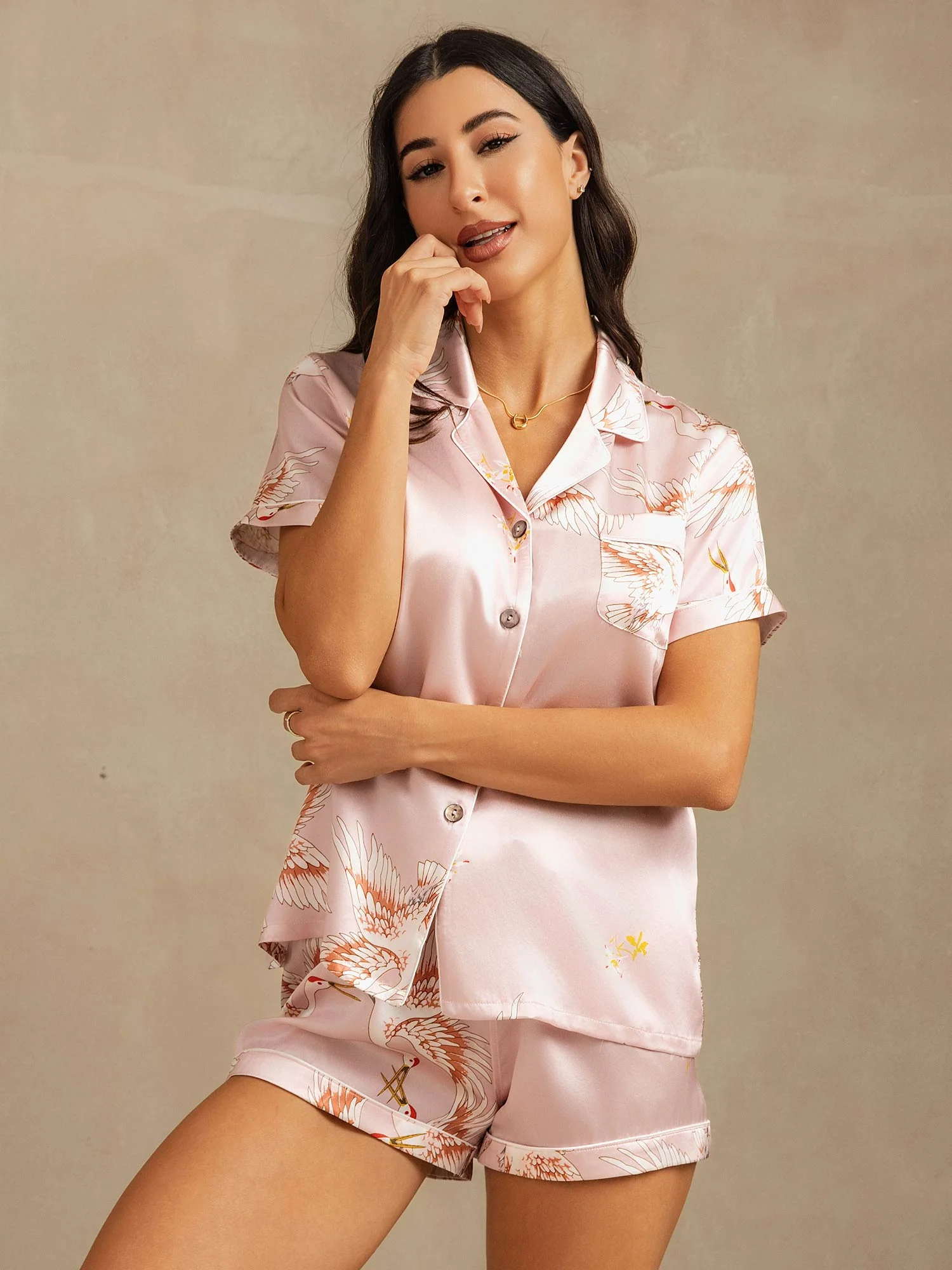 19Momme Women's Pure Silk Crane Print Short Sleeve Notch Collar Pyjamas Set - Image 3